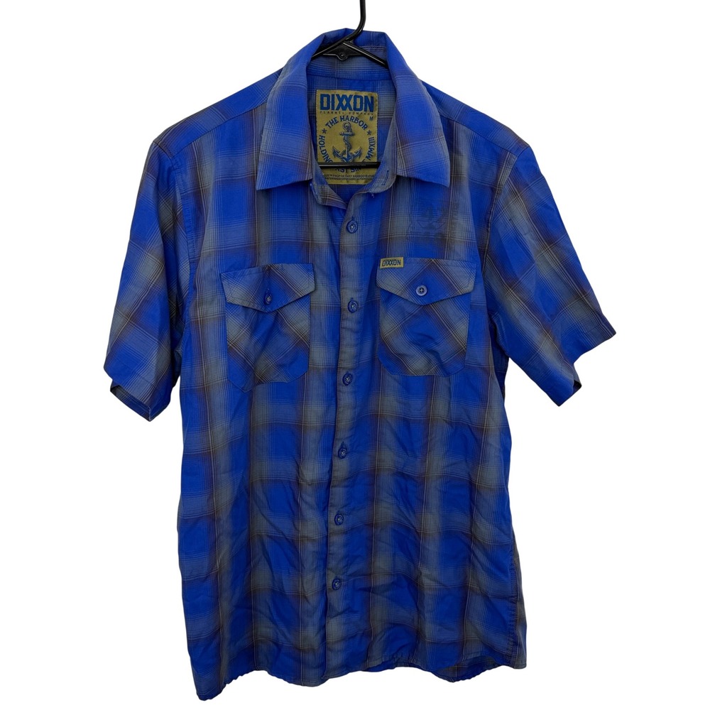 Dixxon Shirt Mens Medium Blue The Harbor Plaid Bamboo Blend SS Button Up *FLAW